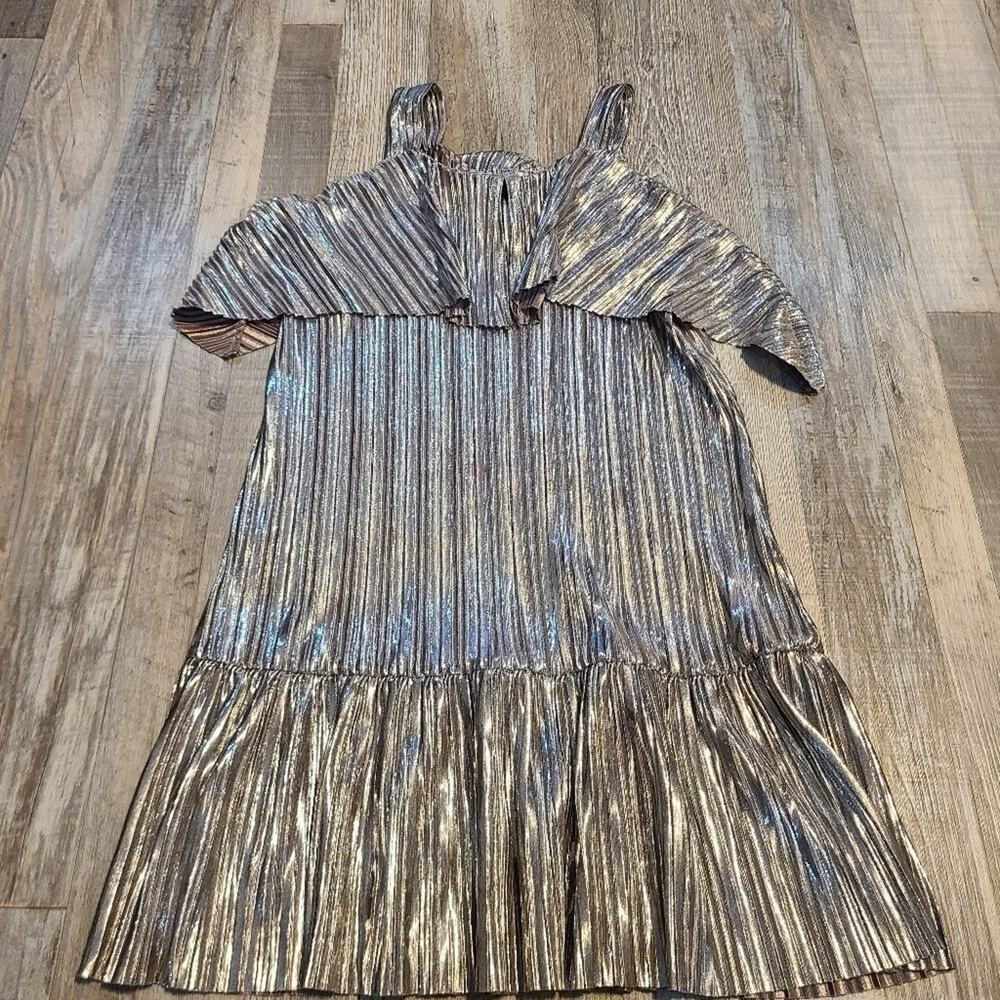Kitty kat medium girls metallic silver pleated dress dress with ruffles